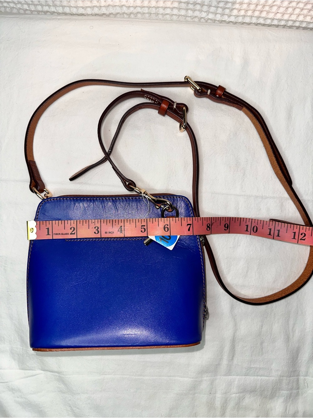 No.100 Vera Pelle Italian Leather Small Crossbody Bag in Royal Blue and Brown - Picture 2 of 5